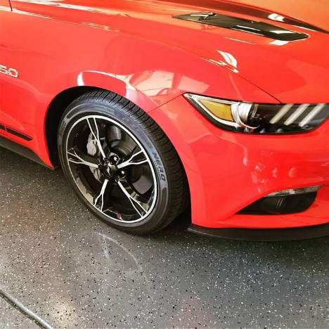 Red Mustang in Epoxy Coated Garage