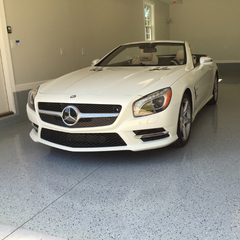 White Mercedes in Epoxy Coated Garage
